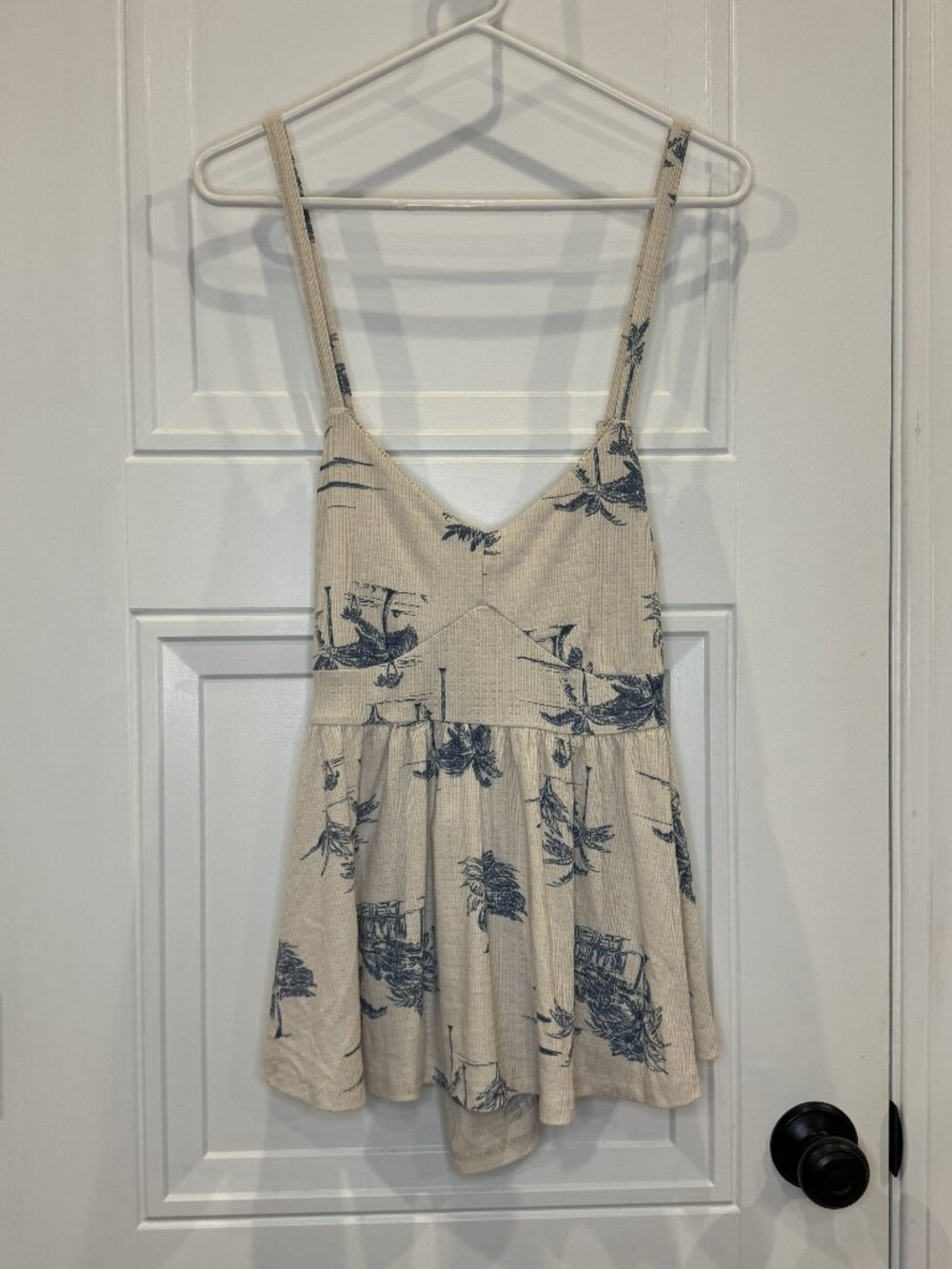 Torrid 00 Toile Print Babydoll Tank Top Blue Tan Adjustable Straps EUC